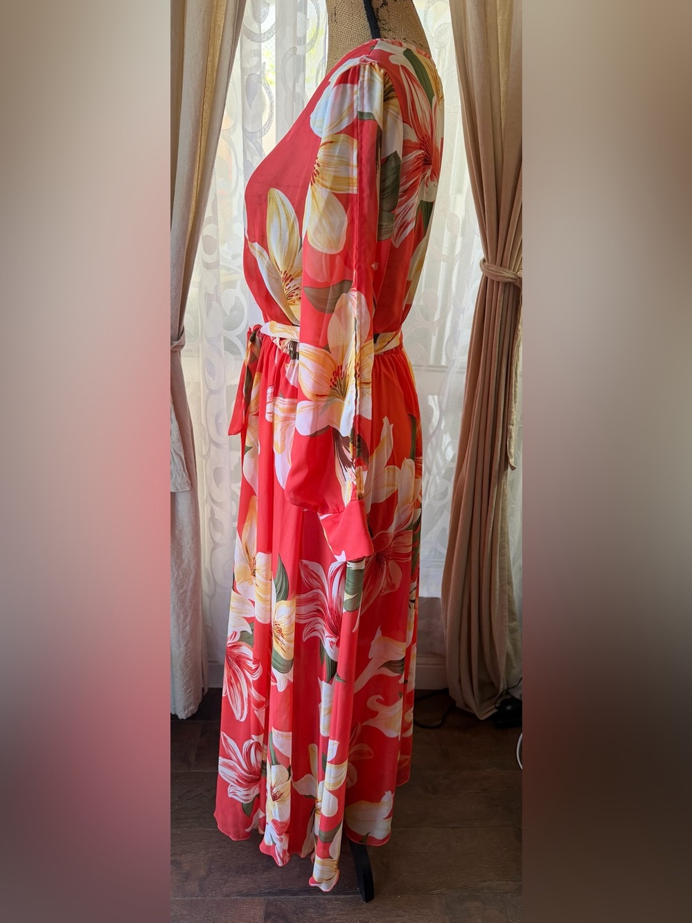 Kate & Lily Coral Floral Chiffon Wrap Maxi Dress Long Sleeve Belted Size 8 - Picture 5 of 11